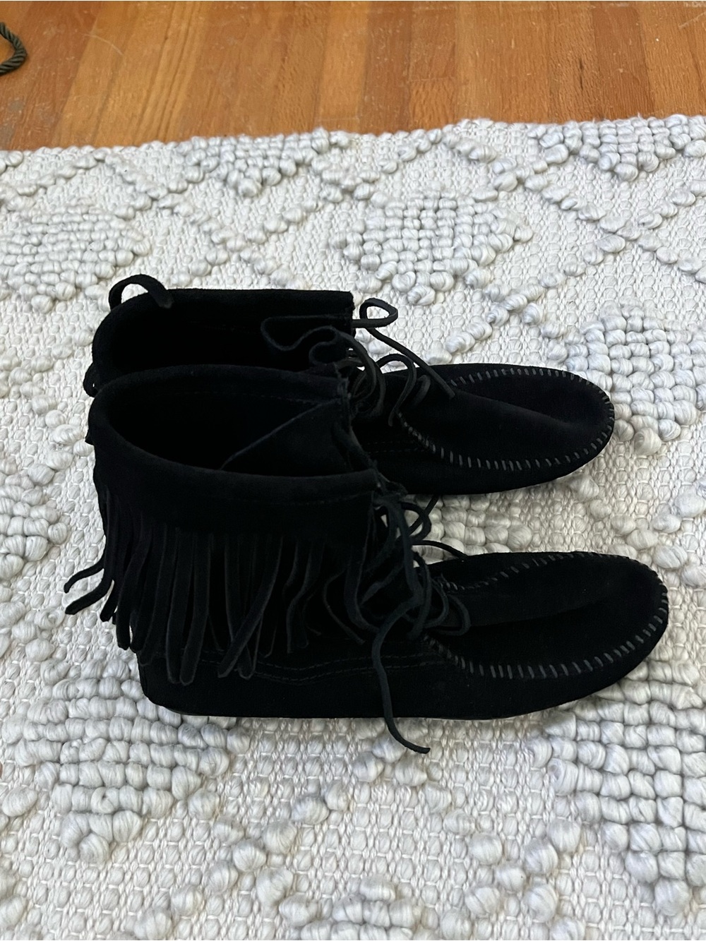 Minnetonka Black Suede Fringe Lace-Up Moccasins - Picture 2 of 3